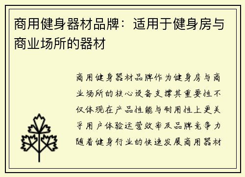 商用健身器材品牌：适用于健身房与商业场所的器材
